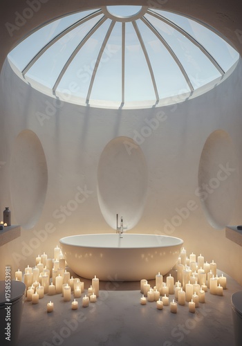 Serene Modern Bathroom with Large Bathtub Surrounded by Candles Under Circular Skylight