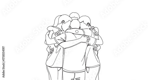 Team of people hugging line art illustration of teamwork and unity isolated on white background