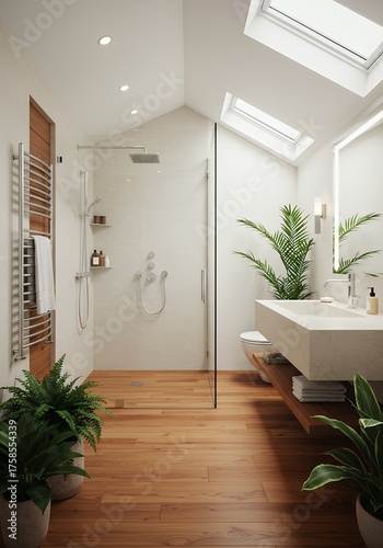 Modern Bright Bathroom with Skylights and Green Plants in Minimalist Style