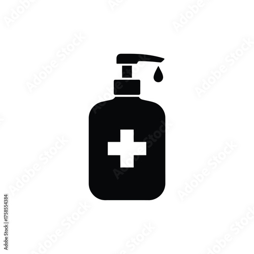 Black and white vector illustration of a hand sanitizer bottle with a cross icon for medical use silhouette vector illustration white background