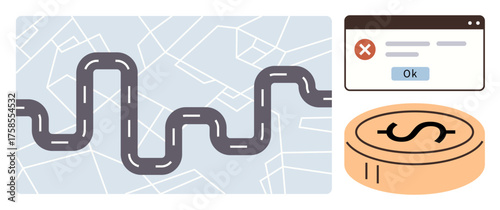 Curving road over map lines, web error pop-up, and dollar coin. Ideal for navigation, problem-solving, finance, challenges, risk management decision-making success. Modern design simple flat
