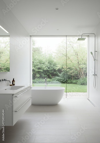 Modern Minimalist Bathroom with Freestanding Bathtub and Large Glass Window Showing Green Garden