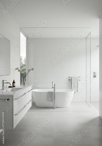 Modern Minimalist Bathroom Featuring Free-standing Bathtub and White Tiles