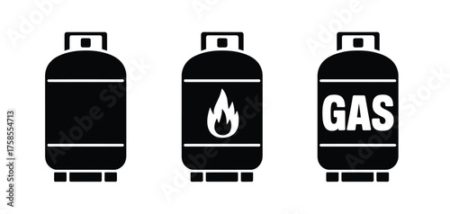 Set of three black and white vector illustrations of gas cylinders for commercial use silhouette vector illustration white background