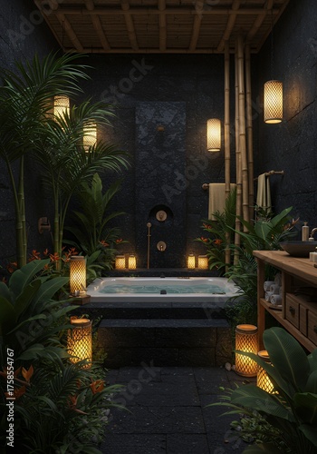 Luxury Indoor Spa Bath Area with Dark Stone Walls Warm Lighting Green Plants and Wooden Vanity
