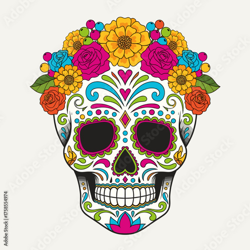 Vibrant Sugar Skull Illustration with Colorful Floral Crown for Day of the Dead