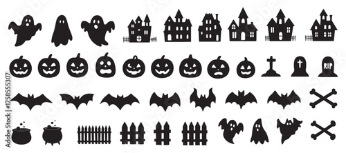  Halloween Silhouette Icon Set, Spooky Holiday and Decoration Symbols, pumpkin faces and graveyard tombstones, 
