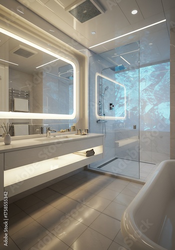 Modern Bright Bathroom with Large Walk-in Shower and Illuminated Mirror