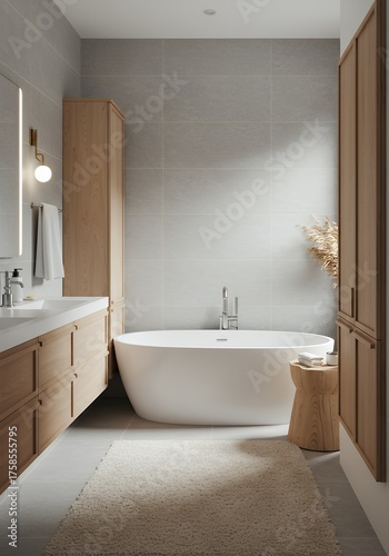 Modern Minimalist Bathroom with Freestanding Bathtub and Wooden Storage Cabinets
