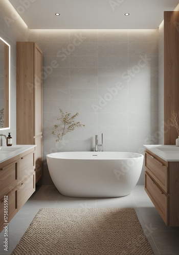 Modern Minimalist Bathroom with Freestanding Bathtub and Wooden Cabinets
