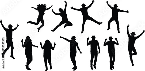 Silhouette group of men and women jumping, dancing, and celebrating in energetic poses, joyful people in motion for party, happiness, and lifestyle designs
