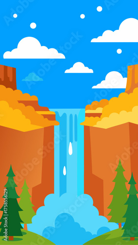 Vibrant flat design illustration of a grand canyon waterfall with pine trees and clouds