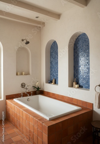 Modern Bathroom with White Bathtub and Blue Mosaic Tiles in Arched Niches
