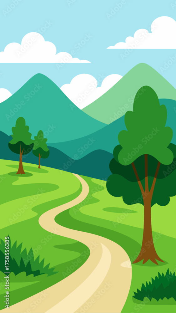Obraz premium Cartoon landscape with winding path and green hills under a blue sky