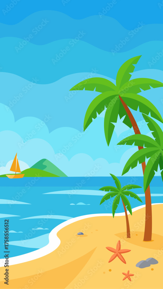 Fototapeta premium Tropical beach scene with palm trees ocean sailboat and starfish