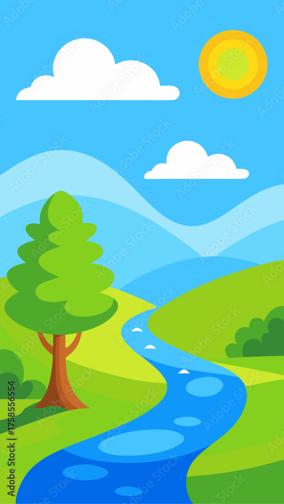 Fototapeta premium Vibrant cartoon landscape with a winding river green hills a tree and a sunny sky