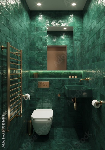 Modern Green Tiled Bathroom with Toilet and Sink in Compact Space