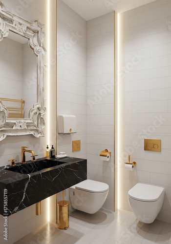 Modern White Bathroom with Black Marble Sink and Gold Fixtures in Minimalist Design