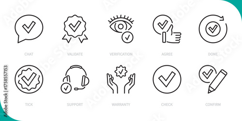 Check mark line icon set. Chat, validate, verification, agree, done, tick, support, warranty, check, confirm sign. Vector illustration. Editable stroke. Flat design.