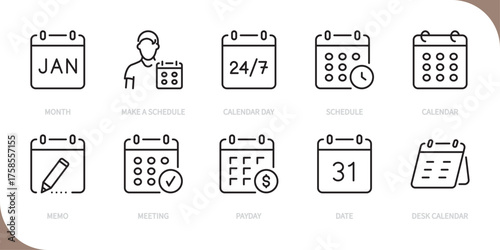 Calendar & schedule line icon set. Month, make a schedule, calendar day, shedule, calendar, memo, meeting, payday, date, desk calendar sign. Vector illustration. Editable stroke. Flat design.