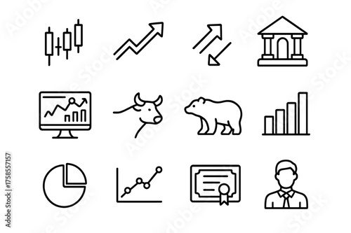 Stock Market Icons. Stock market. Line icon set of Stock market: candlestick chart, upward arrow, downward arrow, stock exchange building, trading screen, bull