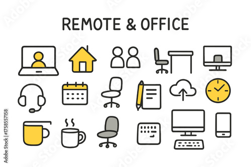 Remote Office Doodles. Remote & Office. Hand-drawn doodle illustration remote & office laptop (accented), office desk, home office (accented), video call,