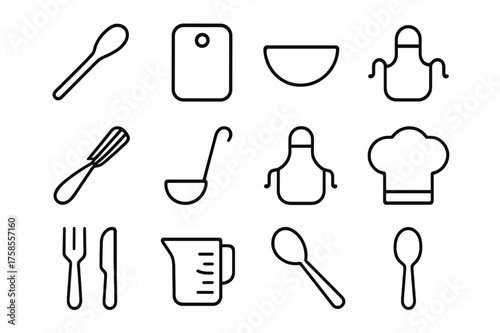 Family Cooking Icons. Family cooking. Line icon set of Family cooking: wooden spoon, cutting board, mixing bowl, rolling pin, whisk, ladle, apron, chef hat,