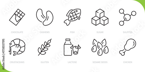 Allergens food line icon set. Chocolate, cashews, fish, sugar, sulfites, crustaceans, gluten, lactose, sesame seeds, chicken sign. Vector illustration. Editable stroke. Flat design.