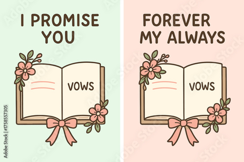 Vow Banners with Floral Accents. Vows. Two vertical A6 banners, cartoon, pastel mint and pink backgrounds, open vow book with floral corners and ribbon, first