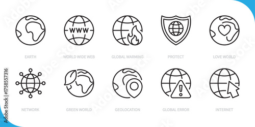 Planet & www line icon set. Earth, world wide web, www, global warming, protect, love, network, green world, geolocation, global error, internet sign. Vector illustration. Editable stroke.Flat design.