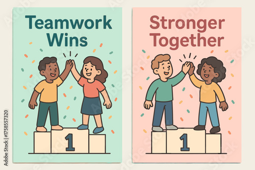 Celebrating Teamwork. Teamwork. Two vertical A6 banners, cartoon, pastel mint and pink backgrounds, teammates high-fiving on a podium with confetti, first
