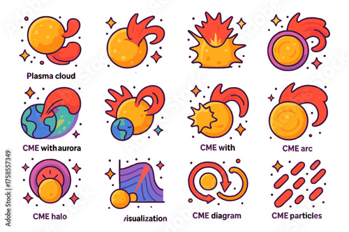 Colorful CME Icons. Coronal mass ejections. Colorful isometric vector icons set of coronal mass ejections: plasma cloud, CME loop, CME eruption, CME shock