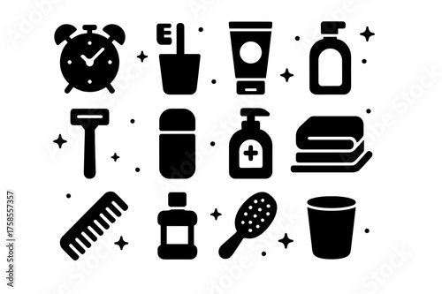 Daily Essentials Icons. Daily Routine Shelf. Solid icons set of Daily Routine Shelf: alarm clock, toothbrush, toothpaste, face wash, razor, deodorant, lotion,