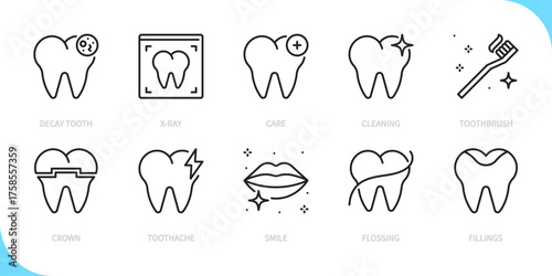 Teeth & dental & stomatology line icon set. Decay tooth, x-ray, care, cleaning, toothbrush, crown, toothache, smile, flossing, fillings sign. Vector illustration. Editable stroke. Flat design.