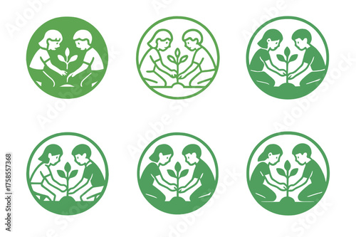 Sustainability Logos Grid. Children engaging in environmental conservation activities. Set Logo of Sustainability: tree planting circle icon. harmonious logo