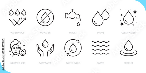 Water line icon set. Waterproof, no water, faucet, drops, clean water, hydrated skin, save water, water cycle, waves, droplet sign. Vector illustration. Editable stroke. Flat design.