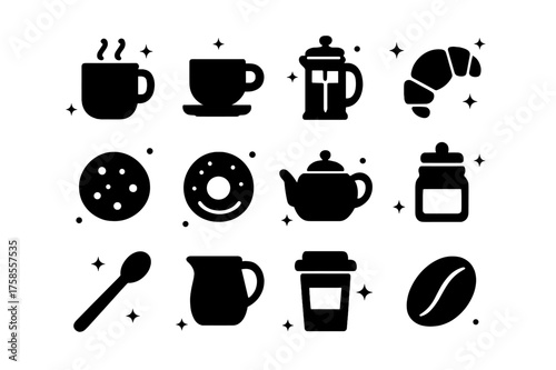 Coffee Break Icons. Coffee Break. Solid icons set of Coffee Break: steaming mug, espresso cup, French press, croissant, cookie, donut, tea pot, sugar jar,