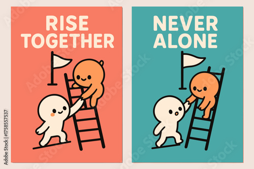 Kawaii Teamwork Banners. Resilience. Two vertical A6 banners, kawaii, coral and teal backgrounds, cute characters helping each other climb a ladder to a shared