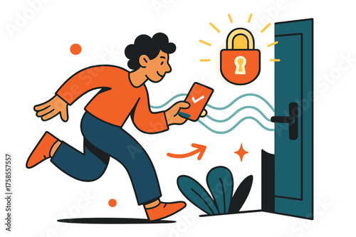 Smart Lock Unlocking. Smart lock. A glowing digital padlock icon appears above a modern door. A person uses a phone to unlock with abstract waves connecting