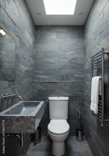 Modern Small Bathroom with Grey Stone Walls and White Toilet in Minimalist Design