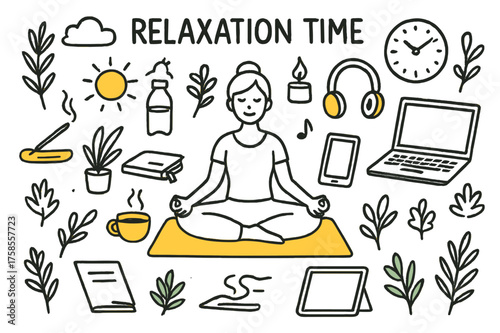 Relaxation Essentials Doodle. Relaxation Time. Hand-drawn doodle illustration relaxation time meditation mat (accented), yoga pose, incense (accented), candle,