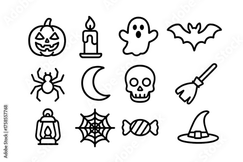 Spooky Icon Set. Spooky night glow. Line icon set of Spooky night glow: jack-o?-lantern, glowing candle, ghost, bat, spider, moon, skull, broomstick, lantern,