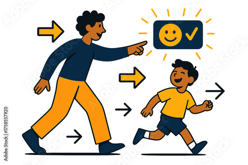 Positive Parental Guidance. Guidance instead of punishment. Parent pointing toward a glowing positive sign while child follows with a smile. Floating arrows