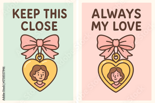 Heartfelt Keepsake Banners. Keepsake. Two vertical A6 banners, cartoon, pastel mint and pink backgrounds, heart-shaped locket with tiny portrait and ribbon,
