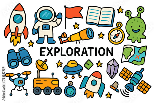 Space Exploration Doodles. Exploration. Colorful Hand-drawn doodle Children illustration Rocket, astronaut, telescope, space rover, flag, notebook, compass,