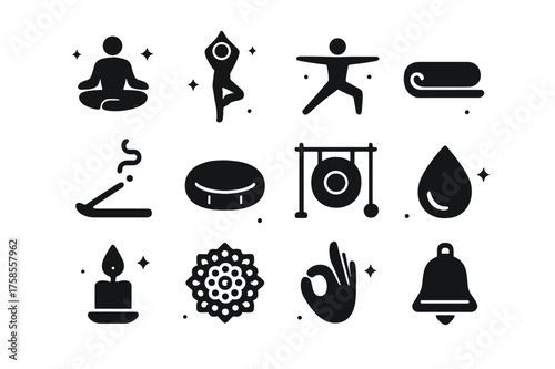 Yoga Icons Collection. Yoga Classes. Solid icons set of Yoga Classes: lotus pose, tree pose, warrior pose, yoga mat, incense, meditation cushion, gong, water
