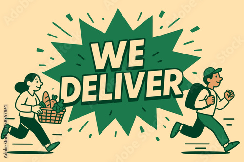 Dynamic Delivery Banner. We Deliver banner, flat vector illustration, bold oversized text inside splash explosion, cartoon characters running around the