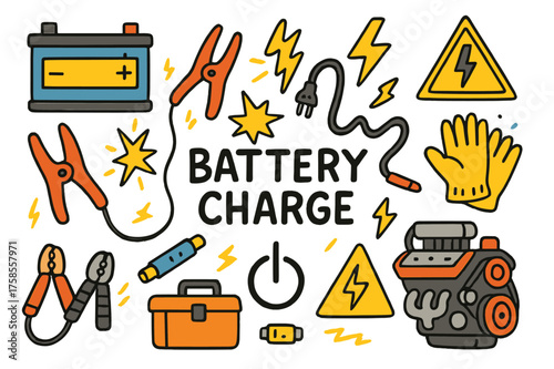 Battery Charging Essentials. Battery Charge. Colorful Hand-drawn doodle Children illustration Battery Charge car battery, charger, jumper cables, spark, red