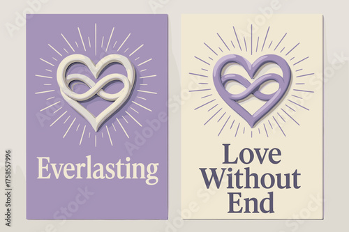 Everlasting Love Banners. Everlasting. Two vertical A6 banners, bold, lavender and cream backgrounds, sculpted infinity heart with radiant beams, first banner