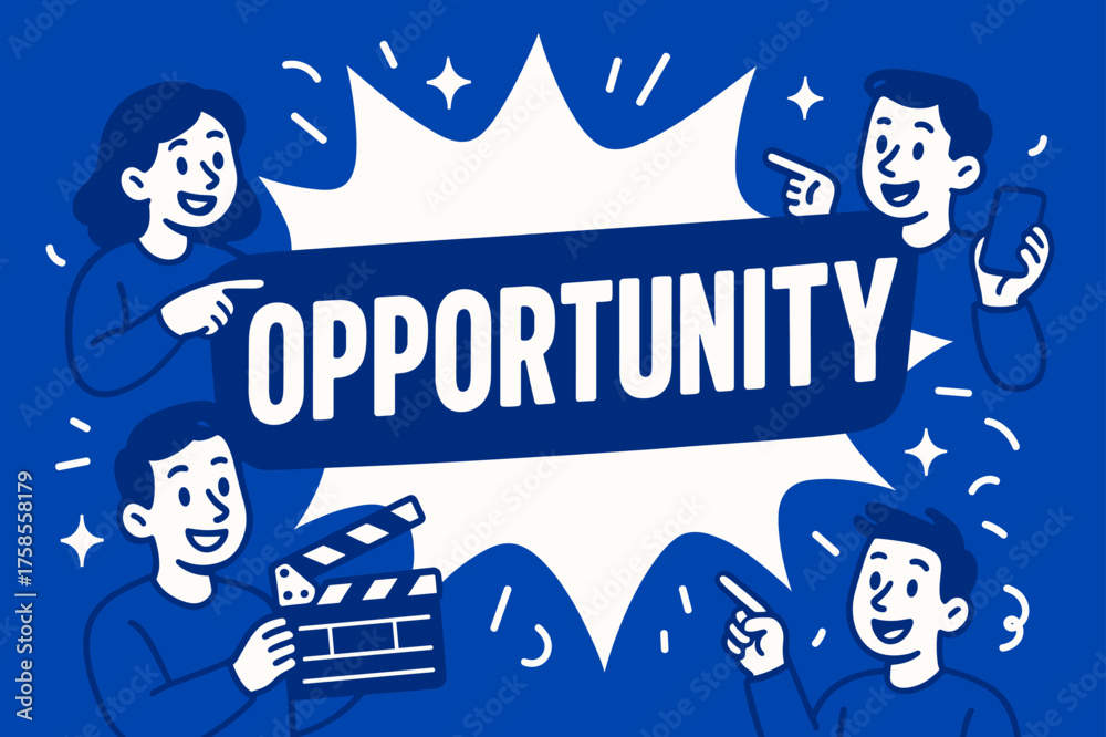 Obraz premium Opportunity Announcement Design. Opportunity banner, flat vector illustration, bold oversized text inside splash explosion shape, cartoon characters pointing